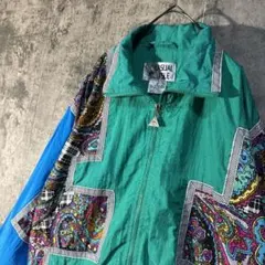 【ペイズリー柄 90s ナイロンジャケット】Sサイズ 青×ピンク×緑 総柄 切替