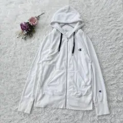 チャンピオン 長袖ジップアップパーカー タオル地 ロゴ刺繍 フロントポケット 白