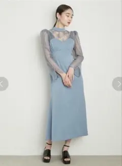 刺繍チュールサテンワンピース　リリーブラウン