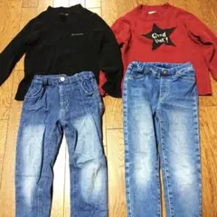 Moujonjon 黒トップス 赤セーター 青デニム