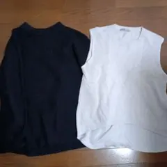 リブ編み長袖ニット＆ベスト2点セット（黒・白）