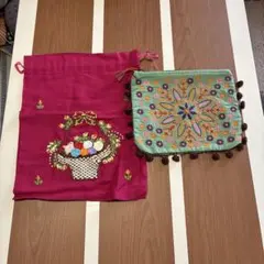 刺繍巾着袋、ポーチ