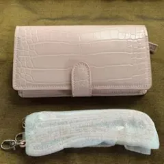 ピンク クロコダイル型押し 長財布 ストラップ付き