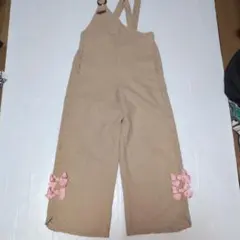 140★メゾピアノ★ロゴ刺繍！フリル＆リボン付きサロペットオーバーオール★