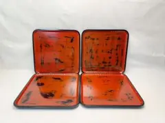 美品 懐石道具 根來塗 吸物膳4客 四方膳 手彫 木製漆器 無垢材 銘々盆