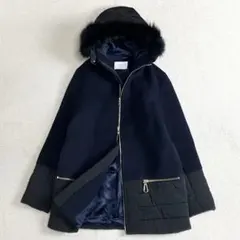 SANDRO サンドロ　フォックスファー　切り替えフーデットコート　36 濃紺