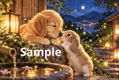 子犬とウサギの仲良しイラスト デジタルアート ポストカード