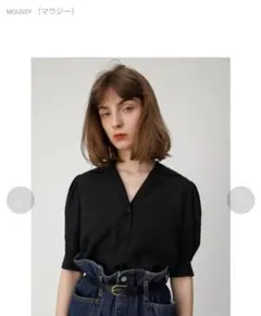 moussyマウジー　シアーチェックパフスリーブブラウス黒
