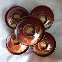 漆器5客　メジロに梅　輪島塗の金蒔絵　蓋付椀　お煮物椀　吸物椀　　骨董品