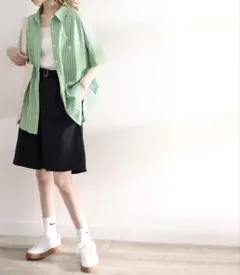 classicalelf 5分袖丈オーバーシャツ　ストライプ　ワンポイント刺繍