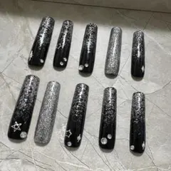 ネイルチップ 10個セット ブラック シルバー グリッター
