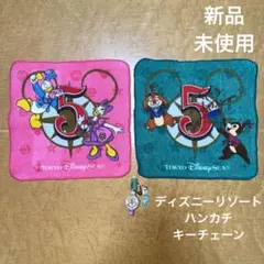 【新品 未使用】 キーチェーン と ディズニーシー 5周年 タオル ハンカチ