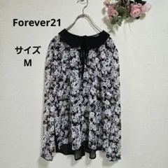 Forever21 花柄 シフォンブラウス Mサイズ ブラック 襟付き 長袖のサムネイル