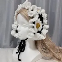 ヘッドドレス ボンネット ハンドメイド 毛糸 手編み かぎ針編み 花柄 ニット