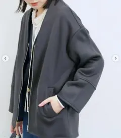 新品　チャコール　マルチスタイルボンディングブルゾンノーカラージャケット