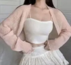 shein 編みニット カーディガン ピンク 薄手 クロップド ショート丈