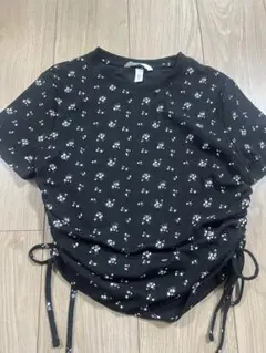 H&M 花柄 サイドドロスト Tシャツ ブラック M