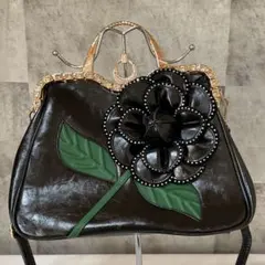 がま口バッグ ショルダー紐付き　パンチングフラワー　黒　2Weyバッグ