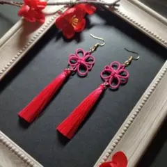 【和風】吉祥結びとタッセルのピアス（ピンク）（イヤリング）【卒業式】【成人式】