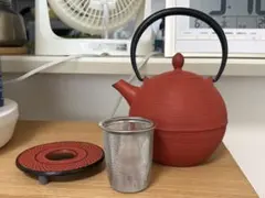 美品・内側ホーロー加工】南部鉄器 鉄急須「日の丸」レッド 鍋敷き 