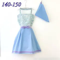 【女の子用】くすみブルーの花柄エプロン・三角巾｜140-150㎝｜フリル　リボン