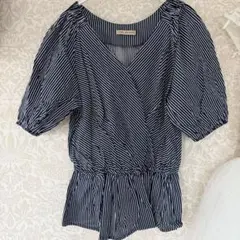 【美品】ストライプ カシュクール ブラウス 半袖　Ｌサイズ