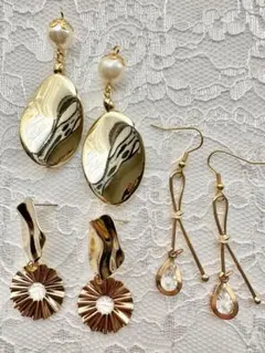 ハンドメイド ピアス 3点セット ゴールド系 まとめ売り