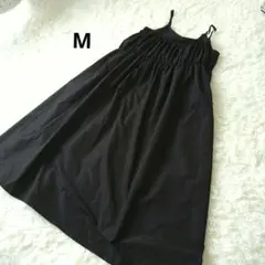 ブラック ロングキャミワンピース　ティアード　 たっぷりギャザー　 M