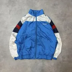 80年代adidas古着ナイロンジャケットトレフォイル刺繍ロゴブルーレトロC46