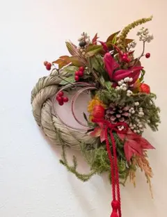 縁起物たっぷり◎紅白南天と稲穂のしめ縄リース｜お正月飾り｜ナチュラルハンドメイド