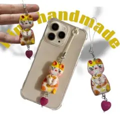 招き猫 ハンドメイドストラップ( スマホケース用チャーム )