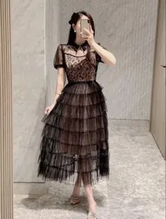 お呼ばれ ロングワンピース シフォン パーティードレス 結婚式 ブラック 黒 L