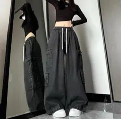 Ｌ　黒 デニム カーゴパンツ ユニセックス ジョガーパンツ ワイドパンツ　ゴム