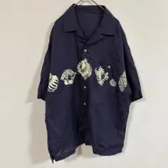 貝殻柄プリント半袖シャツ(L)オープンカラーシャツ/アロハシャツ風/シェル柄