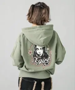 X-girl FACE AND STARS SWEAT HOODIE オリーブ