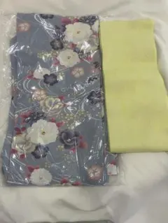 青色花柄浴衣と黄色帯セット　水色