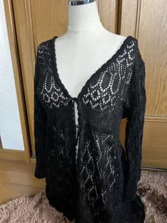 ブラック レース編み カーディガン 古着