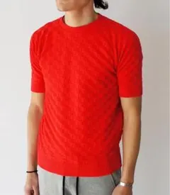 美品✨ dabolo ダボロ クルーネック チェック ニット 半袖 赤 レッドのサムネイル
