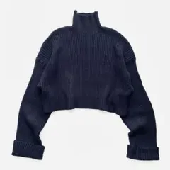 ZARA クロップド丈 ハイネック ニット M 紺色 ロングスリーブ タートル