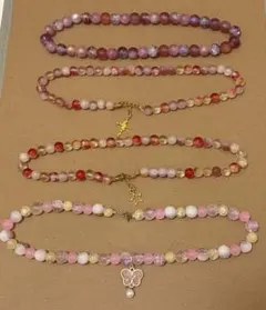 ビーズネックレス4本セット バタフライチャーム付き ハンドメイド