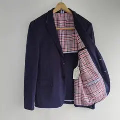 【訳あり】　ZARAMAN　テーラードジャケット 紺 チェック柄　背抜き　Ｌ位