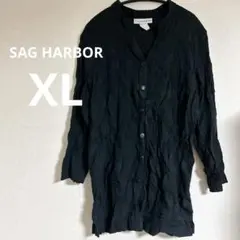 SAG HARBOR 【XL】ブラック 刺繍　総柄シャツ　ボタン付き　ノーカラー