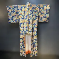 昭和レトロ アンティーク着物 総柄 青 扇文様 小紋