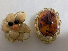 ヴィンテージ ブローチ＆スカーフ留め 2点セット 花柄 琥珀風