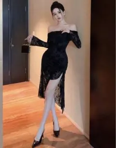 ブラックレースオフショルダードレス
