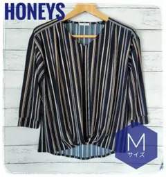 【Honeys】 Mサイズ ストライプ ネイビー 五分袖〜七分袖 型崩れしにくい
