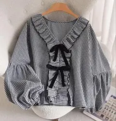 フォクシー ブルー✖️ホワイトギンガムチェックワンピースお袖リボン