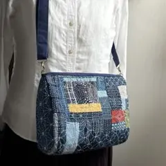 松阪もめん縞模様パッチワーク×刺し子の少し大きめショルダーバッグ　ハンドメイド