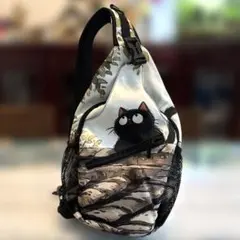 【猫好き来たれ】黒猫イラスト付きボディバッグ