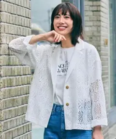 【美品LL】レース テーラードジャケット ホワイトのサムネイル